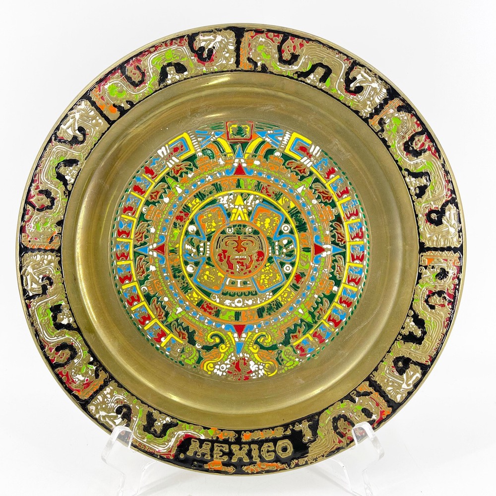 VTG 11'' Aztec Calendar Mexico Folk Art on Brass Enamel Metal Decor Wall Plate
