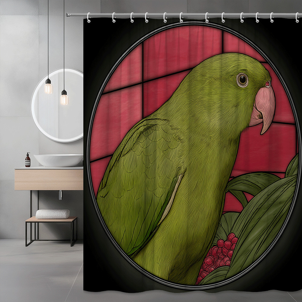 Parrot Shower Curtain Green Bird Graphic Pink Background