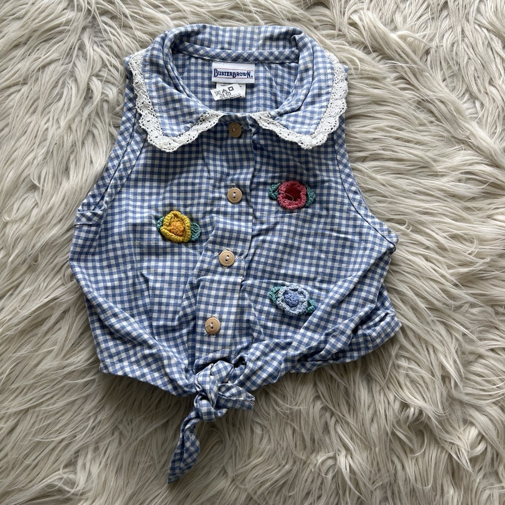 Vintage Y2K Buster Brown Blue Gingham Cottagecore Crop Top Shirt Girls Size 5