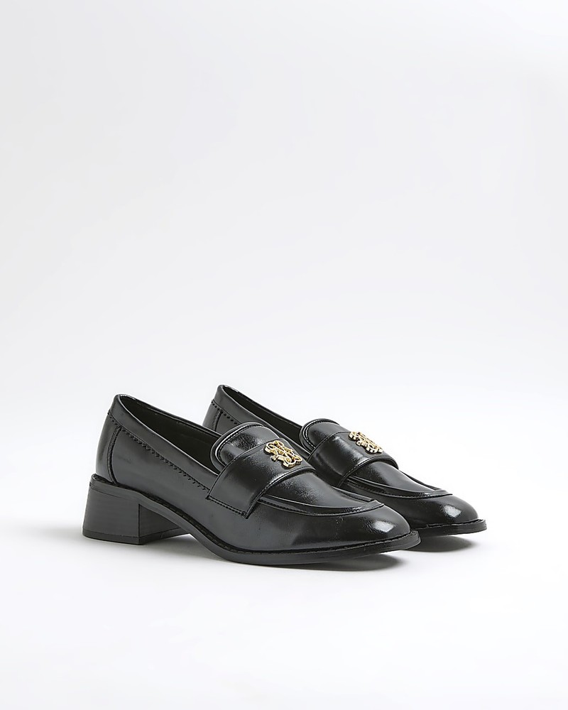 River Island Womens Loafers Black Block Heel Slip On Square Toe Chunky Shoes