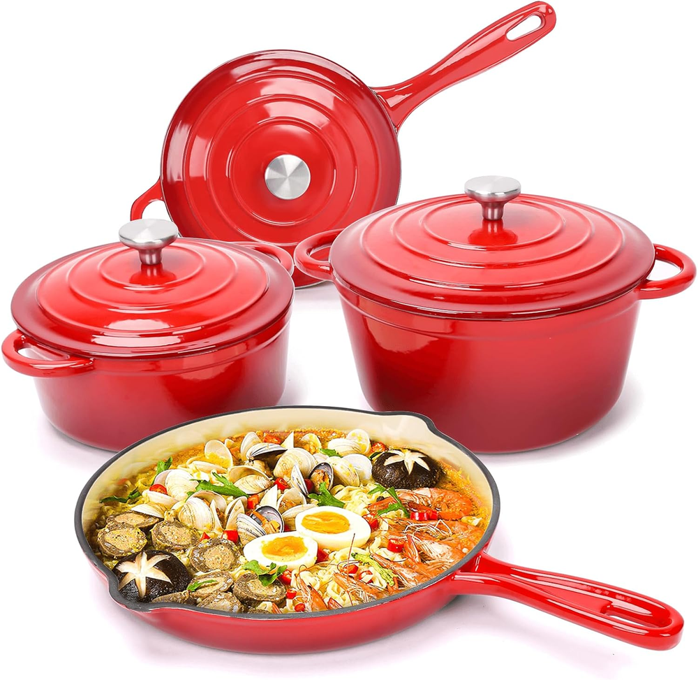 Enameled Cast Iron Cookware Set - 7 Piece Dutch Ovens Set, Sauce Pan, Skillet, 3