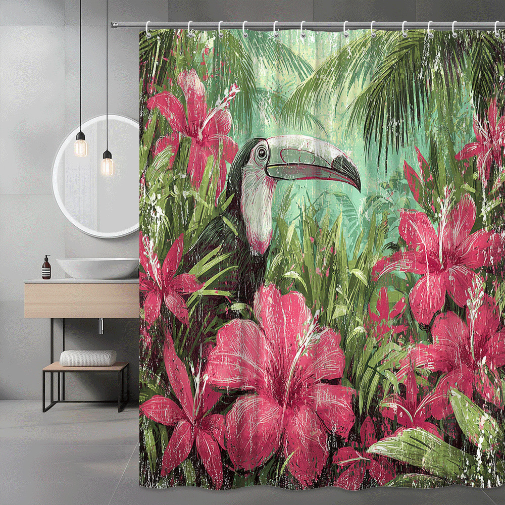 Toucan Tropical Floral Shower Curtain Pink Green Jungle