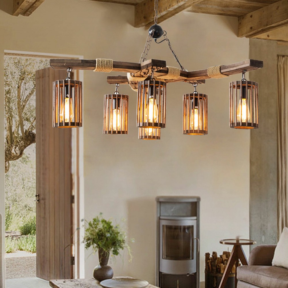 Farmhouse Wood Chandelier Pendant Light for Kitchen Island or Dining Room  