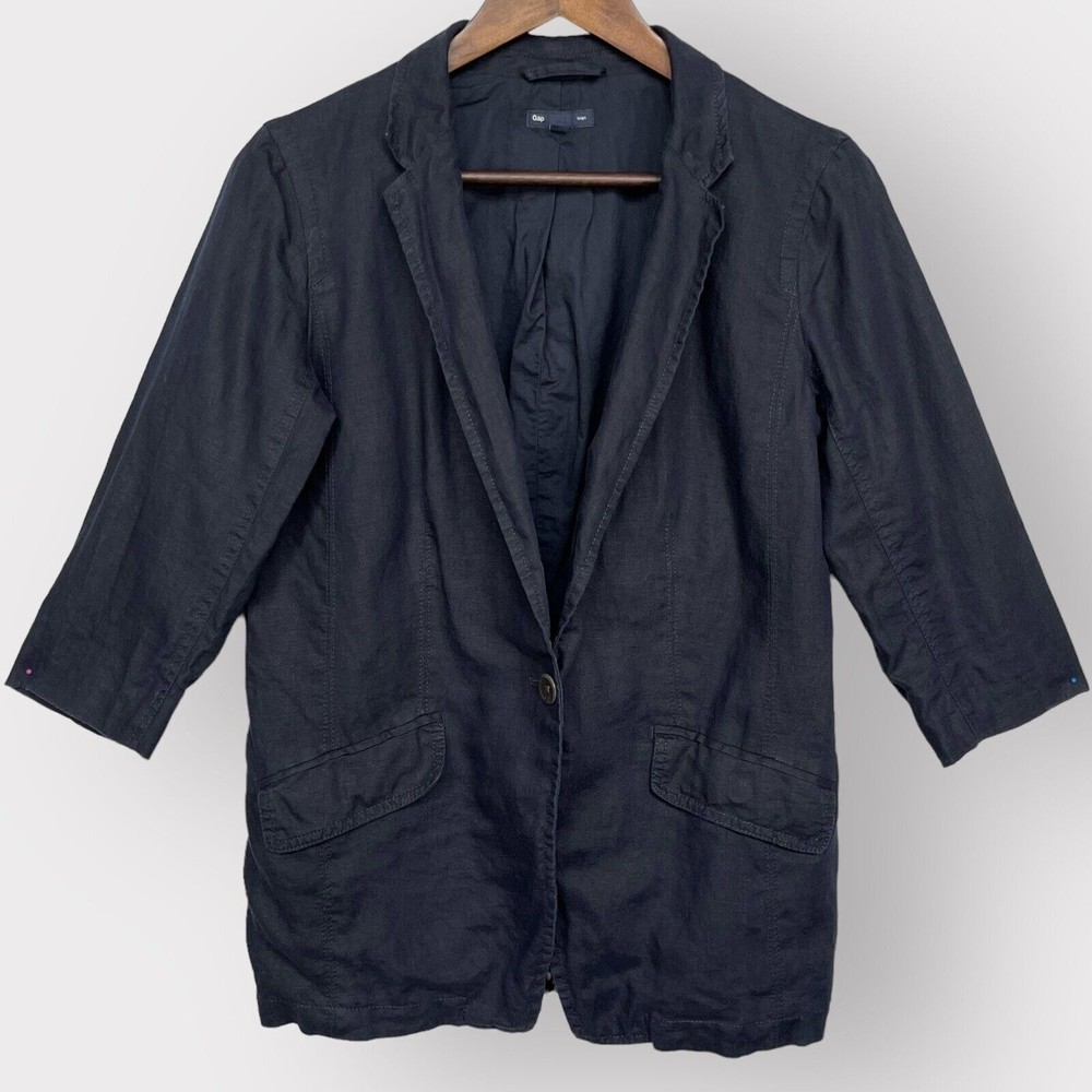 Gap Blazer Jacket Women Size 10 Blue Linen Single Breasted Lined Pockets