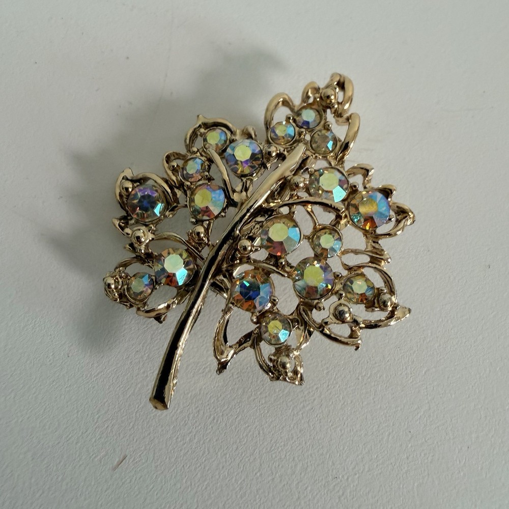 Vintage Aurora Borealis Rhinestone Brooch Leaf