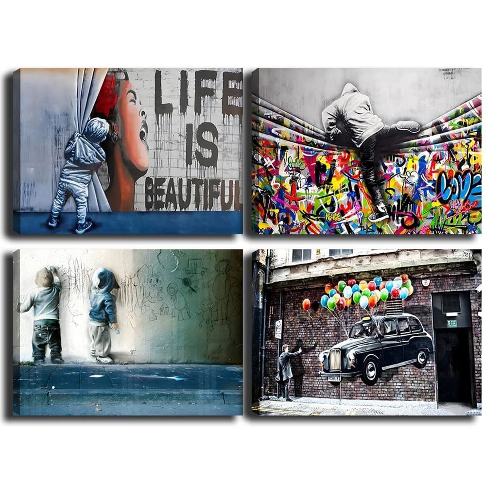 Framed Banksy Street Graffiti Wall Art Decor Large Abstract Pictures Canvas P...-image