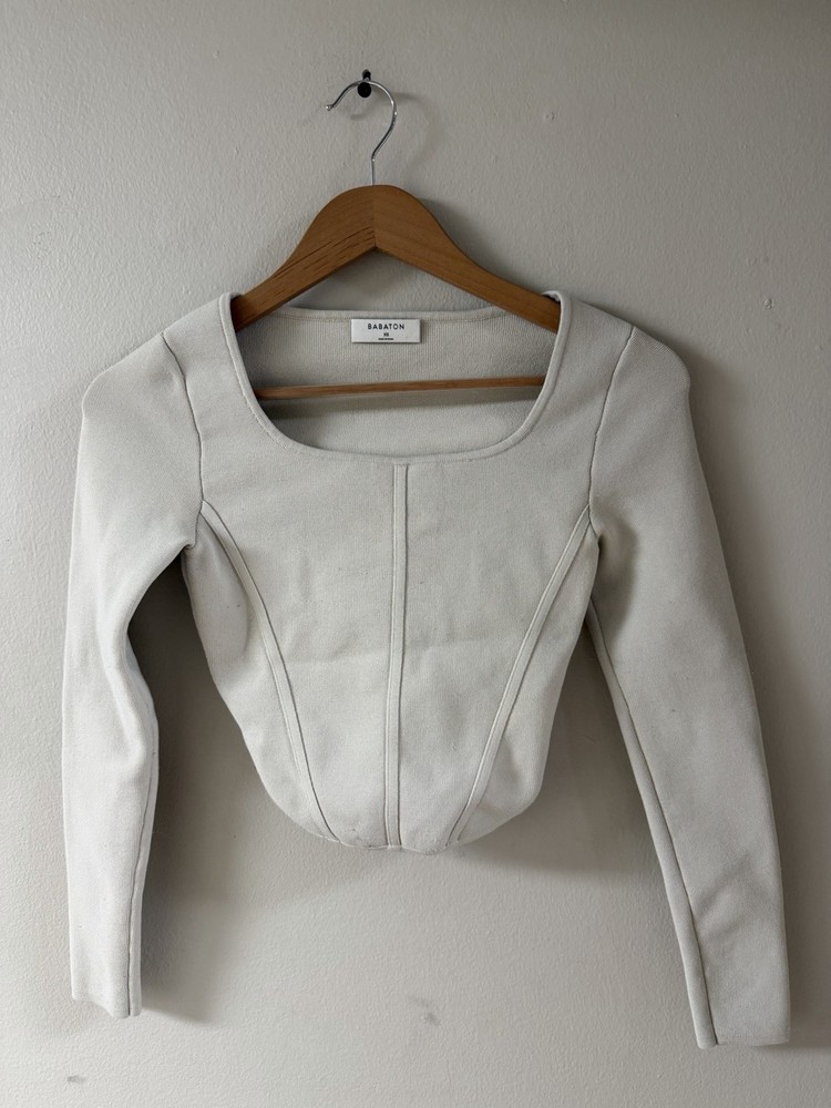 Aritzia Babaton Sculpt Knit Sweetheart Long Sleeve Cropped Ribbed Top Size XS