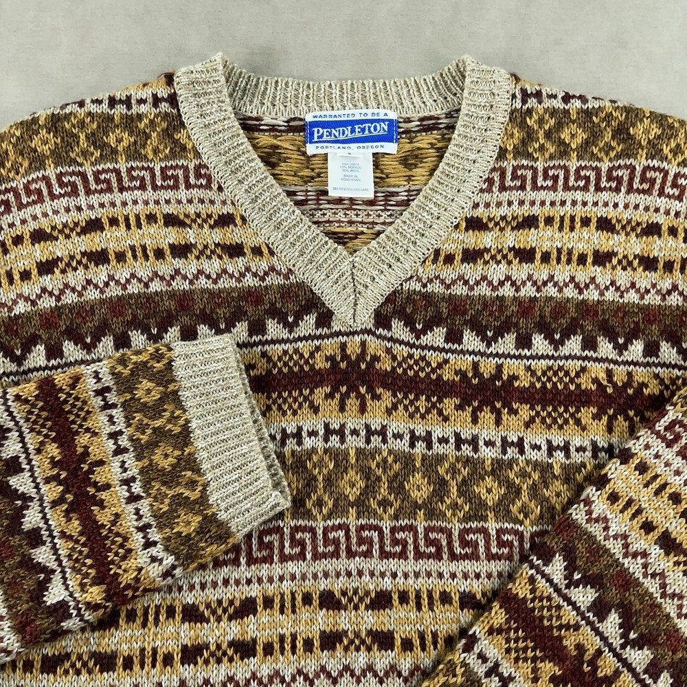 Vintage Pendleton Fair Isle Sweater Women’s Small V-Neck Brown Wool Acrylic 90s