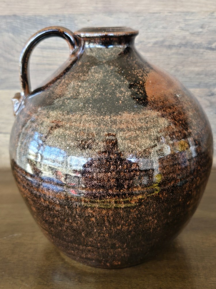 Studio Pottery Stoneware Jug Vase Hand Thrown Signed KA Brown Mottled Glaze 9