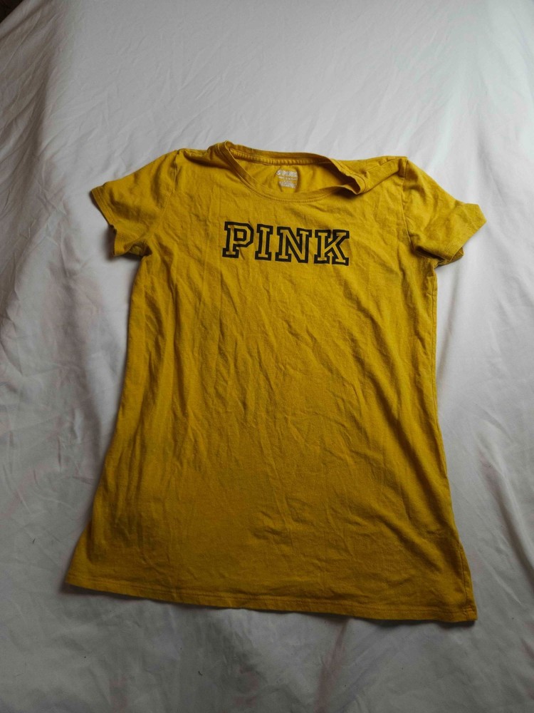 Victoria's Secret PINK Shirt Womens Medium Yellow Short Sleeve Crew Neck Casual