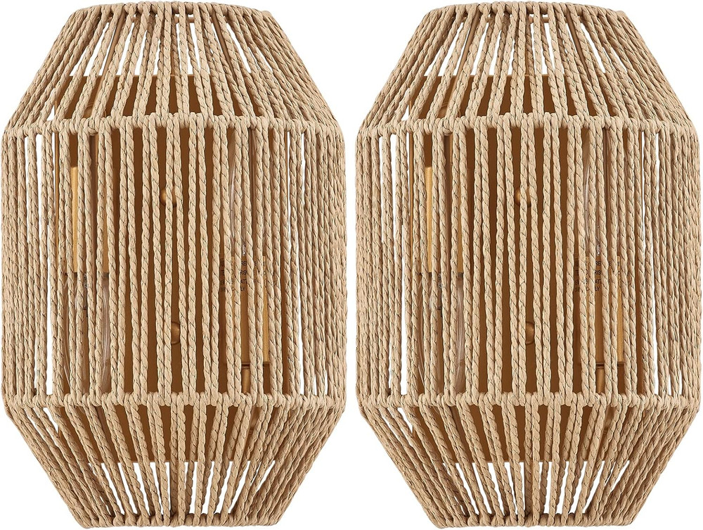 Natural Rattan Wall Sconce Set of 2, with Boho Woven Wicker Shade Antique Brass