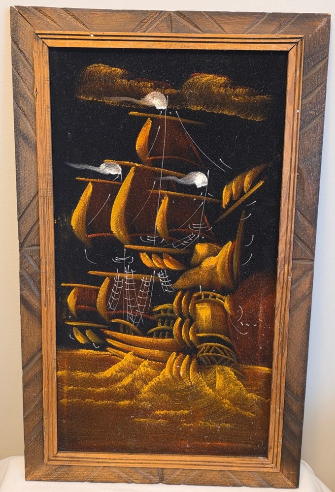 Vtg Nautical Oil Painting On Black Velvet Sail Ship Wood Frame 23.75