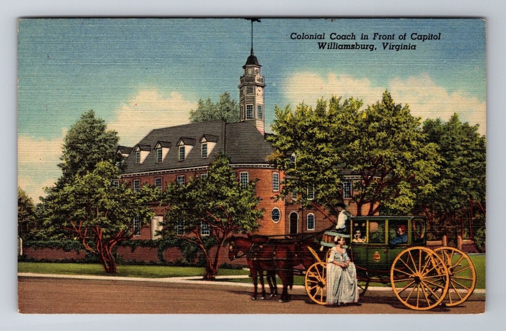 Williamsburg VA-Virginia, Colonial Coach In Front Of Capitol, Vintage Postcard