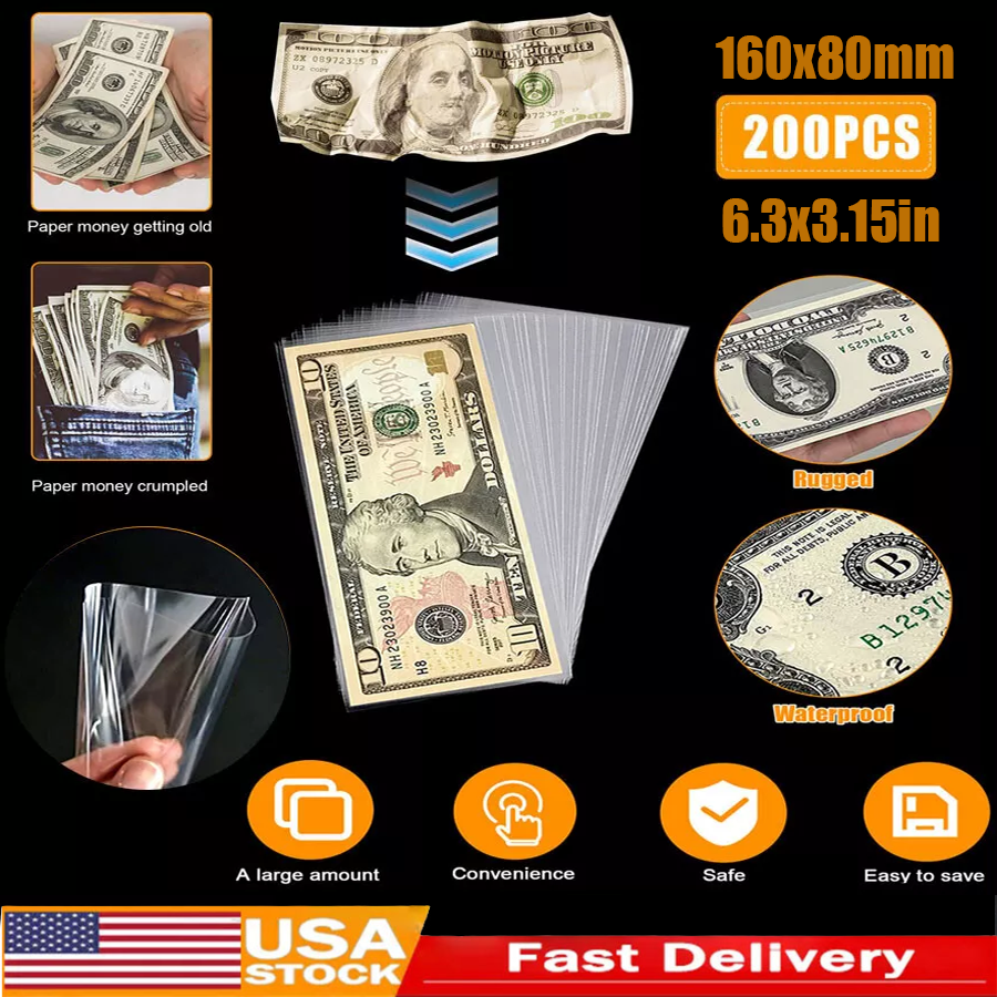 200 PCS Currency Sleeves Paper Money Bill Holder Banknote Storage Protector Case