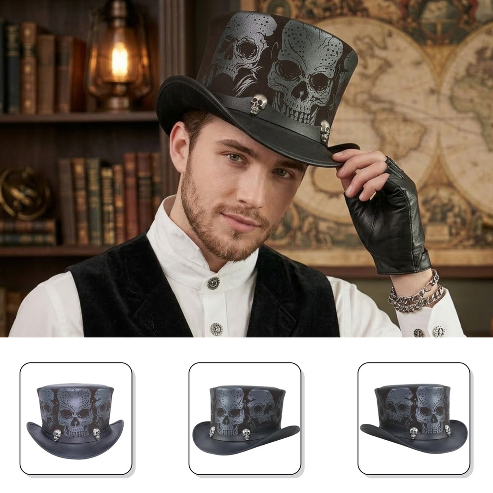 Black Skull Leather Top Hat Gothic Steampunk Biker Victorian Punk Cosplay Hat