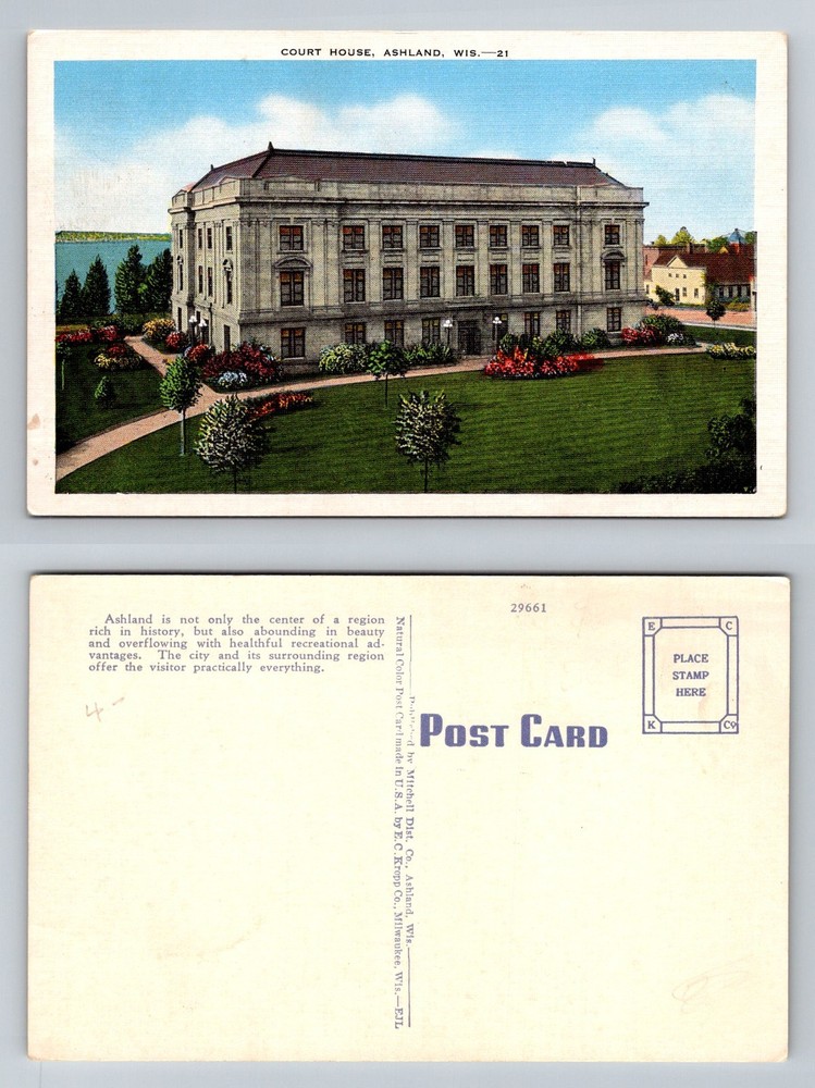 Ashland, WI-Wisconsin Ashland Courthouse Lawn Gardens Lake View Vintage Postcard