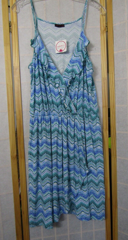 NWT Shiela Rose Blue Chevron Sleeveless Ruffle Rayon/Spandex Dress Women's L