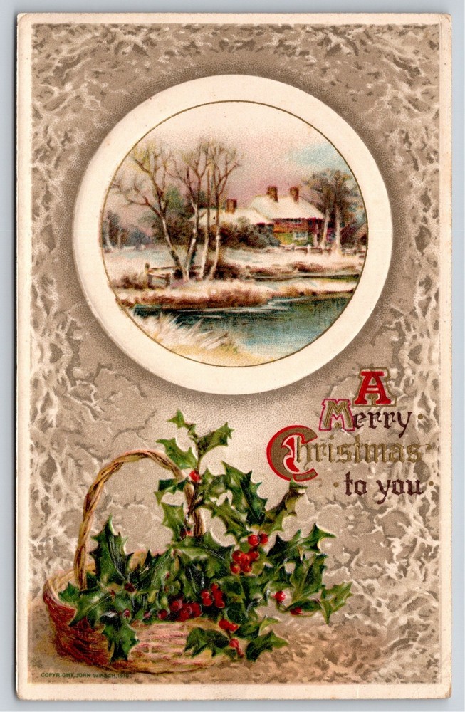 Christmas~Bakset of Holly Home From River In Circle~Winsch Vintage Postcard