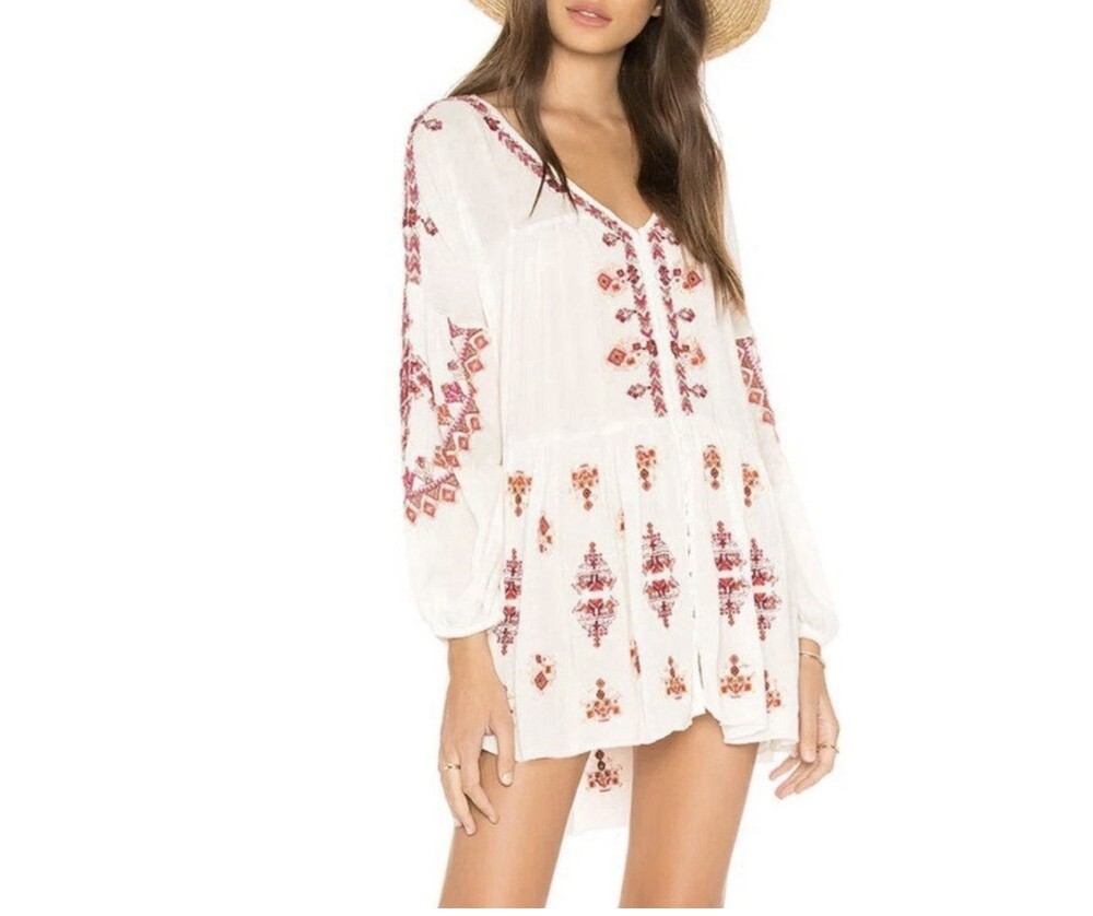 Free People White  Blouse Size S Boho Long Sleeve Top