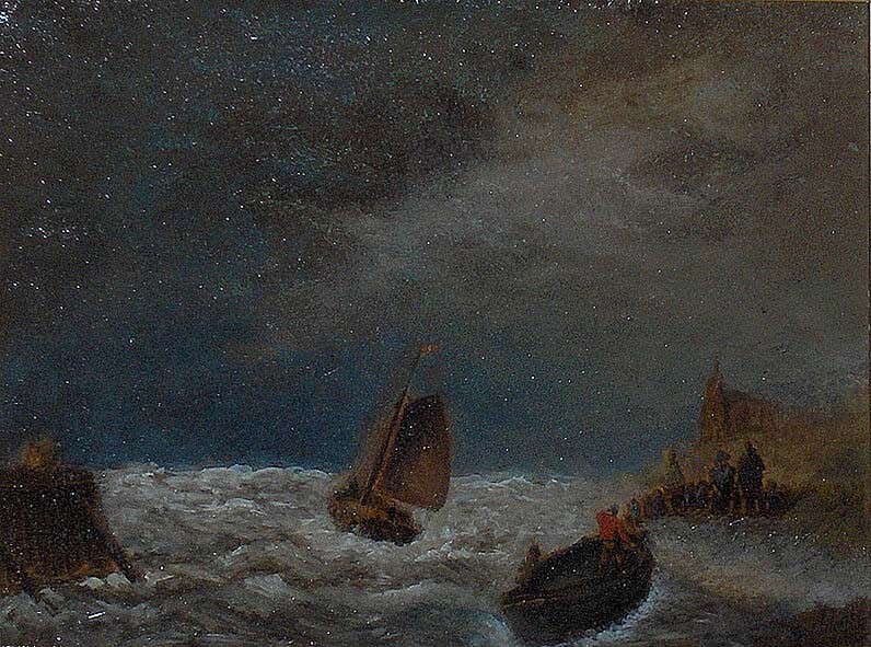 Oil painting Andreas+Schelfhout-Marine seascape with waves sail boats on canvas