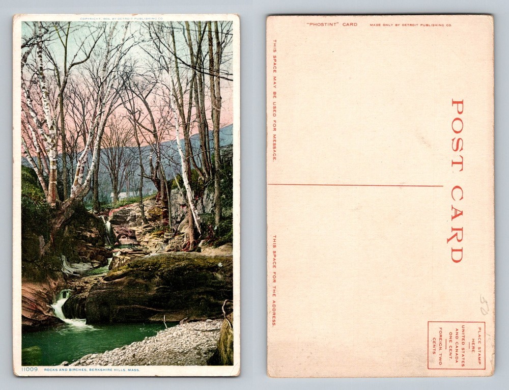 Berkshire Hills, MA-Massachusetts Rocks and Birches Stream View Vintage Postcard