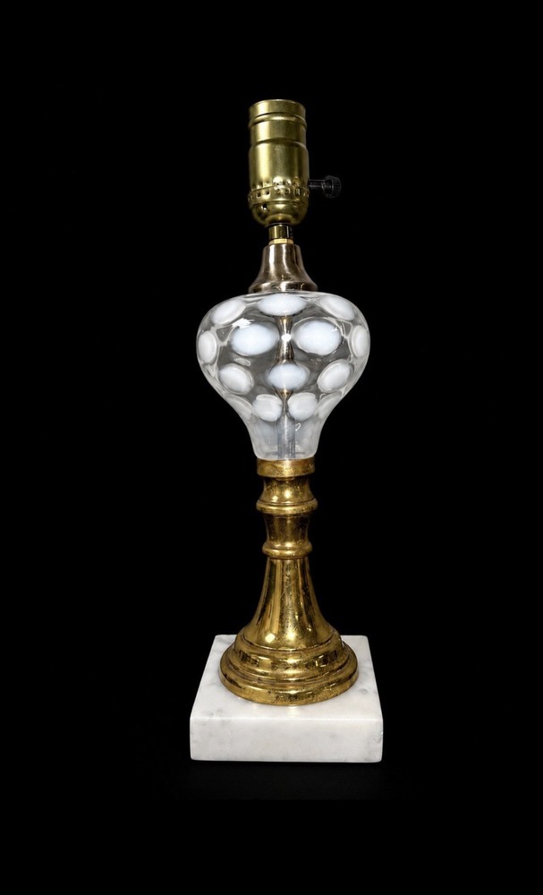 VINTAGE FENTON Coin Dot OPALESCENT GLASS Table LAMP MARBLE BASE Coin Spot French