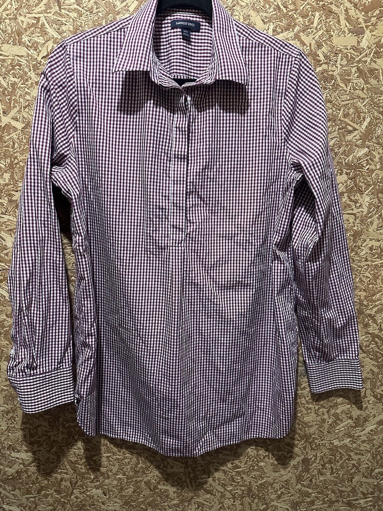 Lands End Women’s Red/White Check 1/4 Button Down Long Sleeve Size LT