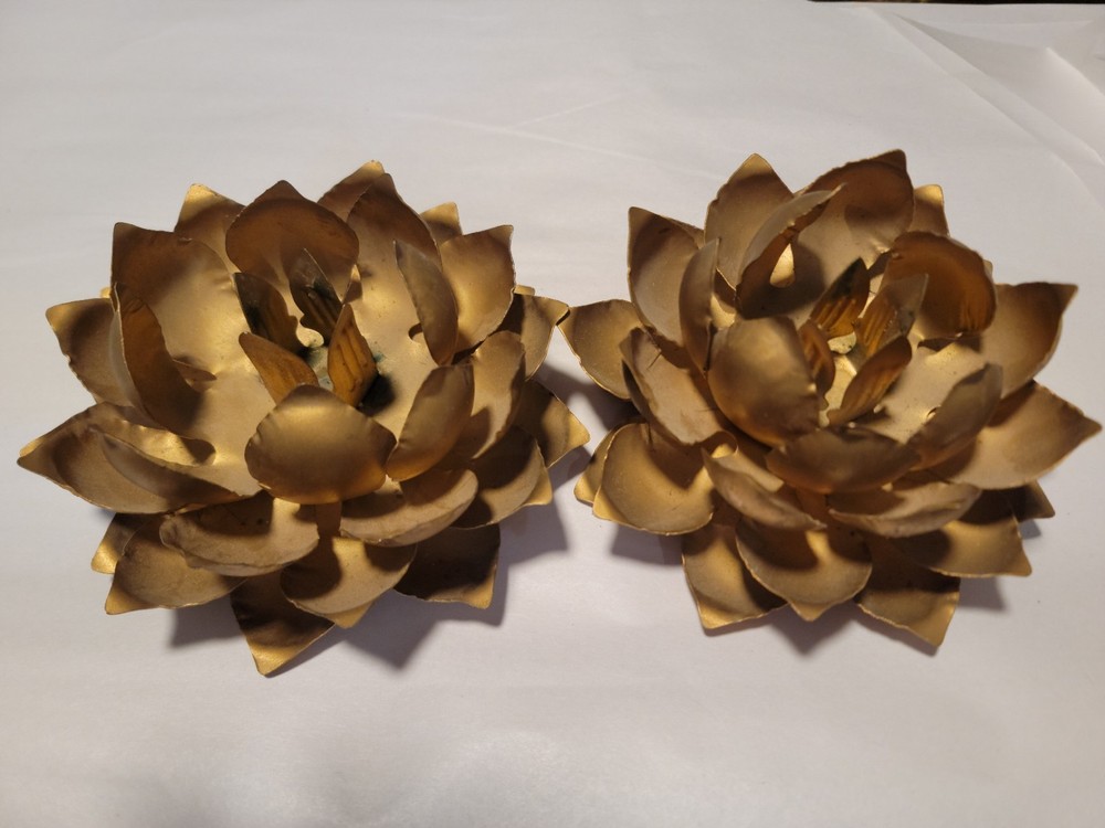 2 Vintage Metal Lotus Flower Candle Holders Hong Kong MCM Gold Tone