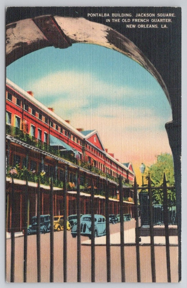 Pontalba Building Jackson Square New Orleans LA Linen Postcard Vintage Cars