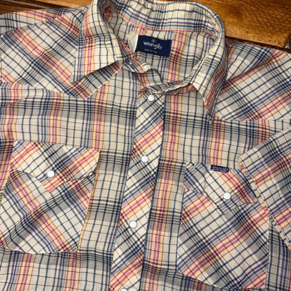 Vintage Wrangler Western Shirt Mens Medium Tan Plaid Short Sleeve Pearl Snap 80s