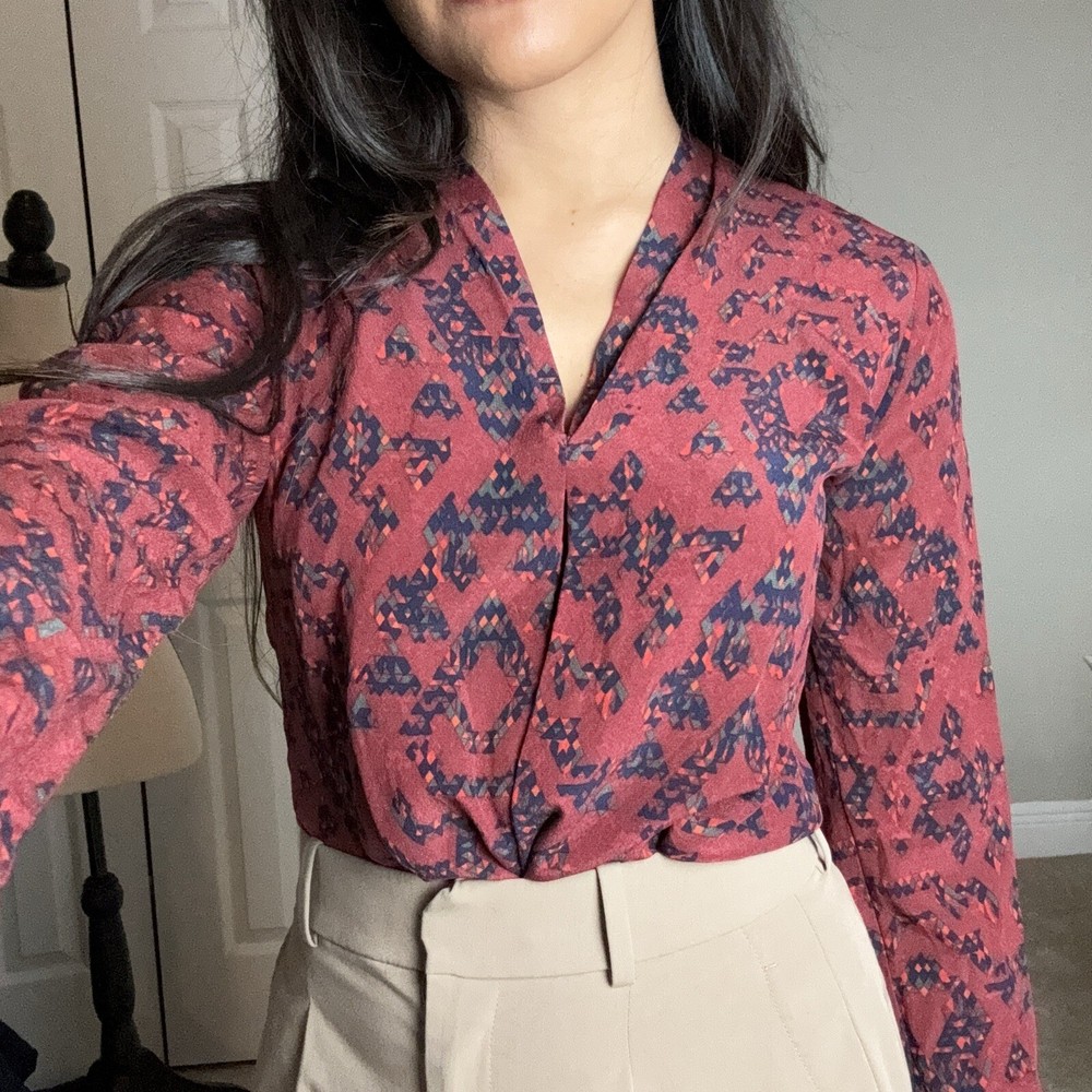 Waverly Grey Red Silk Blouse with Abstract Geometric Pattern and Pleated Accent in XS-image