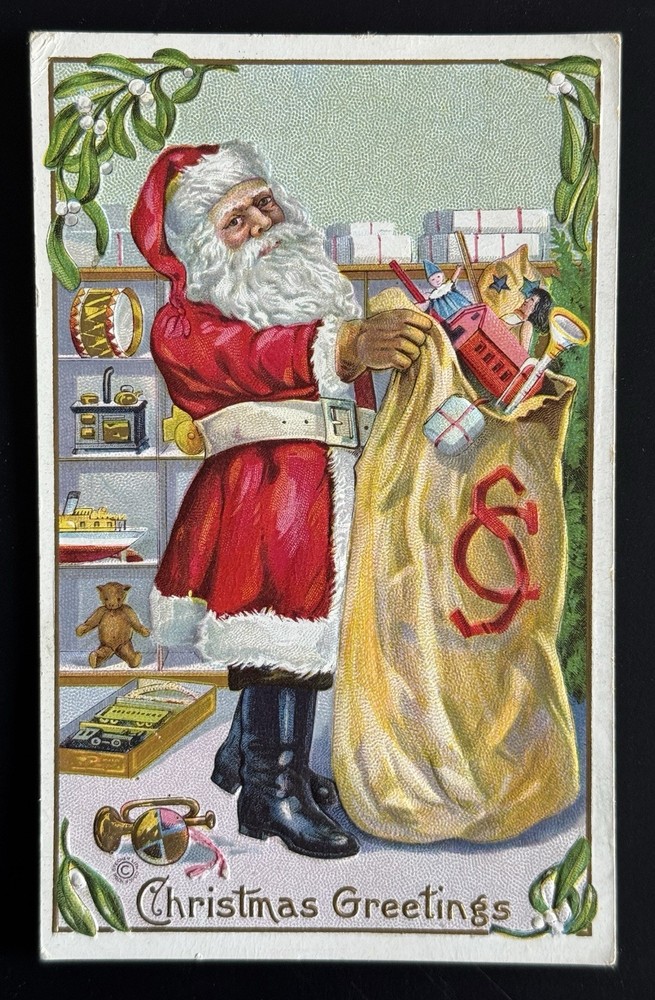 Stecher Christmas Postcard SANTA CLAUS in Workshop with Monogrammed Bag of Toys