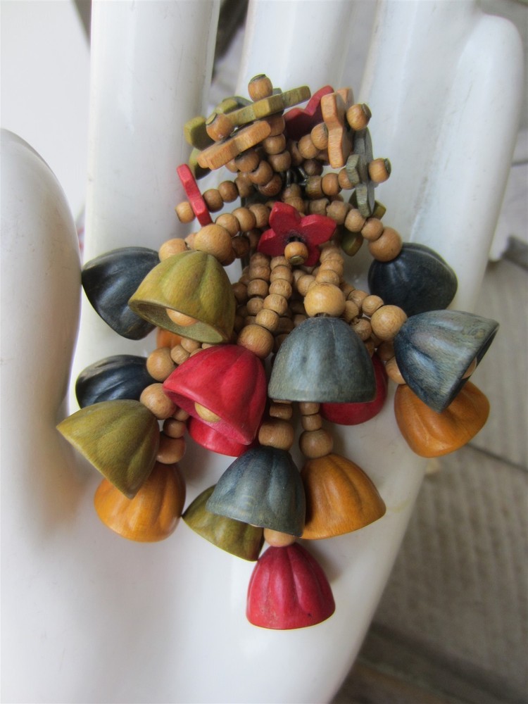 Vintage 1940's Miriam Haskell Wood Bead Flower Tulip Bell Dangle Dress Clip Pin