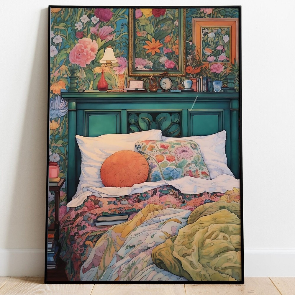 Vintage Floral Bedroom Wall Art Maximalism Painting Bright Colourful Decor
