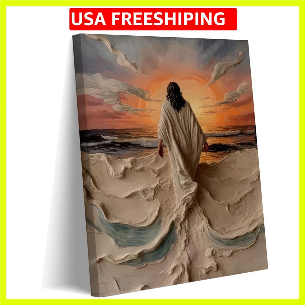Abstract Jesus Walking on Water Canvas Wall Art Christian Spiritual Wall Deco...