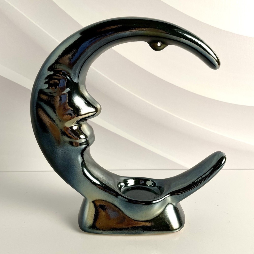 Iridescent Crescent Moon Face Ceramic Tea Light Candle Holder Oil Warmer 7”