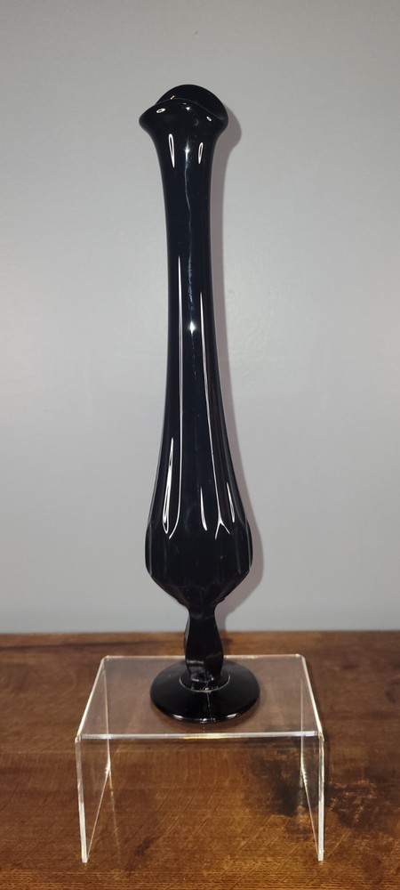 Fenton Thumbprint Black Glass Pedestal Swung 12” Vintage Single Bud Vase