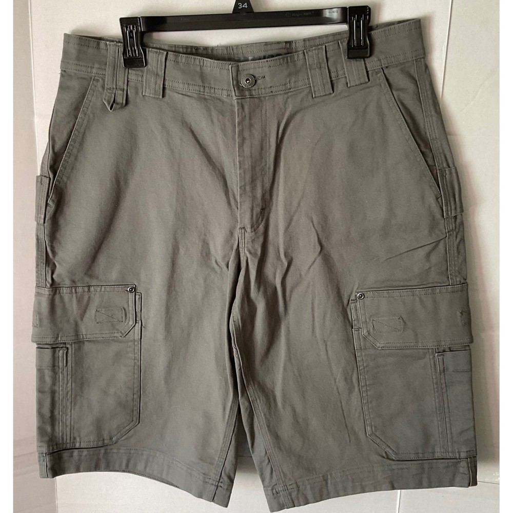 Duluth Trading Co Mens 34 Relaxed Fit Cargo Shorts Olive Gray Stretch 3237-43