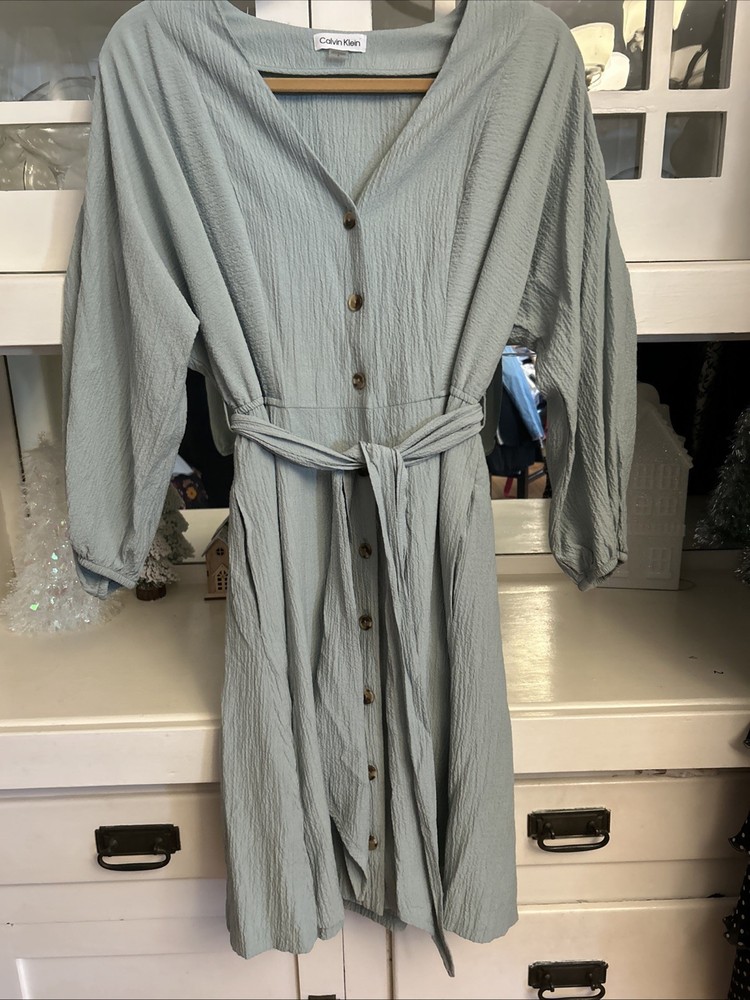 Calvin Klein Women’s Sage Dress Button Down 3/4 Sleeve Pockets With Belt Size 6