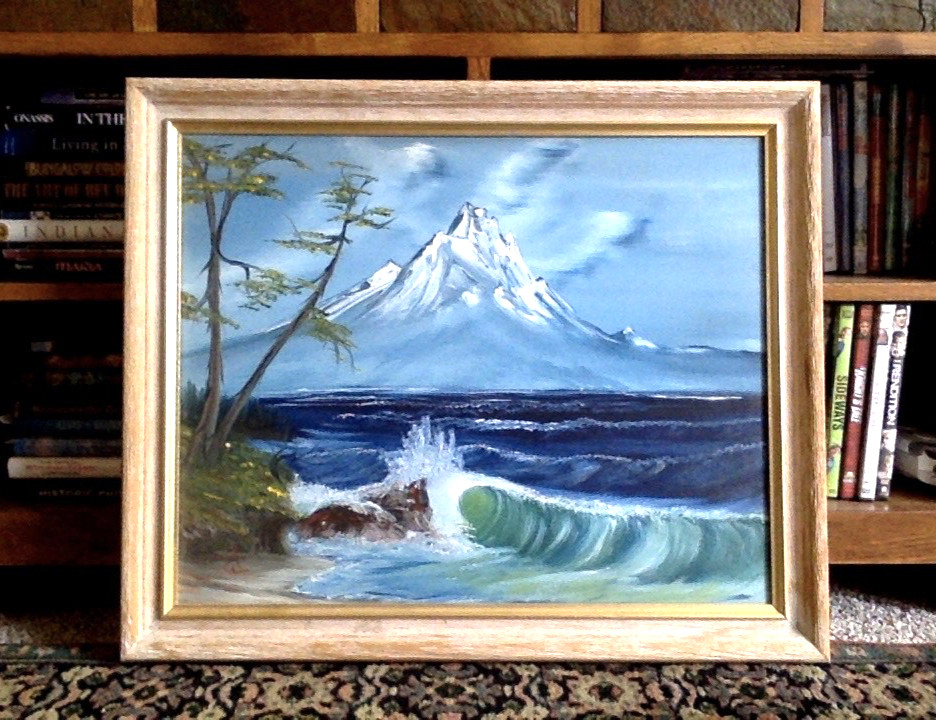 Framed Landscape Oil Painting On Canvas Mountain Seashore Wave 16 x 20 Inches