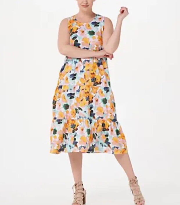Denim & Co Summer Dress 1X Midi Beach Linen Blend Knit Pockets Floral Tiered