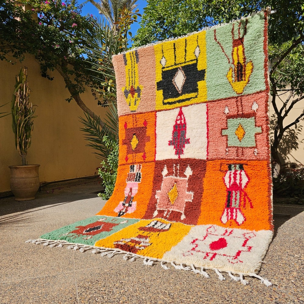 Colorful Moroccan Azilal rug, Orange Terracotta Green Geometric Carpet, Teppich