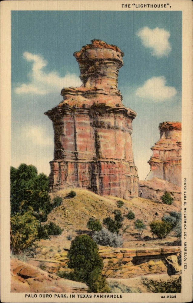 Palo Duro Park Texas ~ Lighthouse rock formation ~ linen postcard sku993