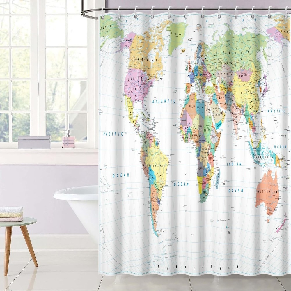 48x72inch World Map Shower Curtain Educational Geography Countries Colorful B