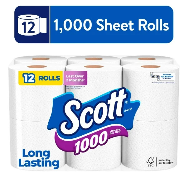 Scott 1000 Toilet Paper, 12 Rolls, 1,000 Sheets per Roll - Free Shipping