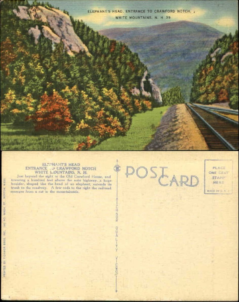 Elephant's Head Crawford Notch White Mountains NH train track unused postcard
