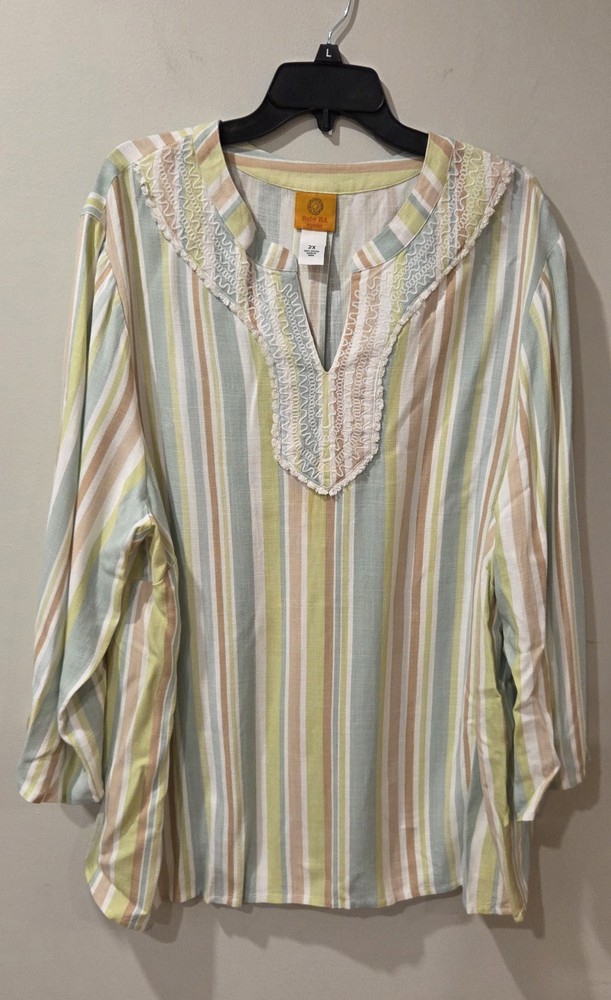 Ruby Rd Women's Boho Embroidered Striped 3/4 Sleeve Tunic Top Size 2X Peasant