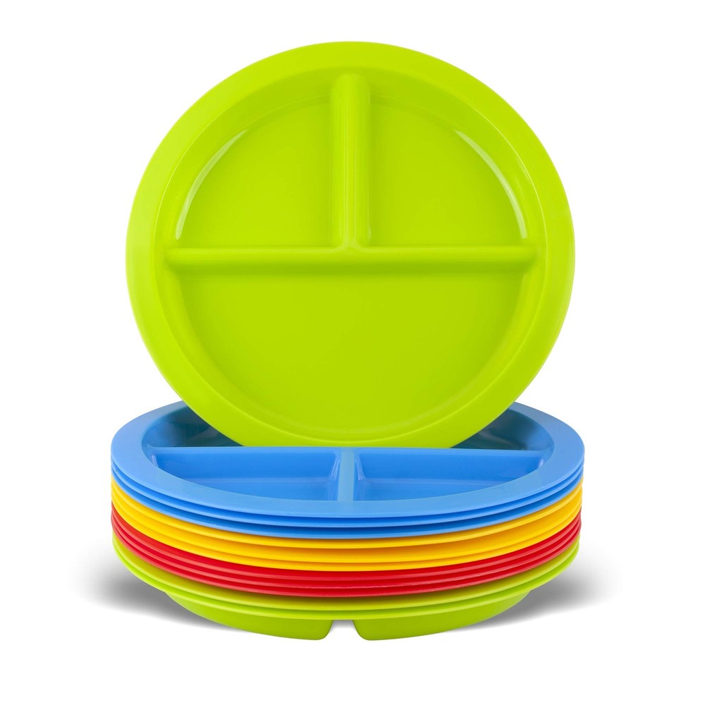Plaskidy 3-Section Kids Plates Set of 12 Durable Plastic Divided Dishes for Toddlers