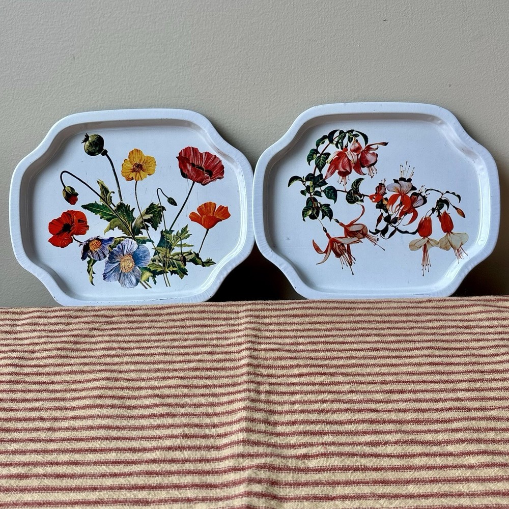 Vntg Set 2 Mini Litho Trays Floral Metal Trinket Poppy/Fuchsias Catch-All