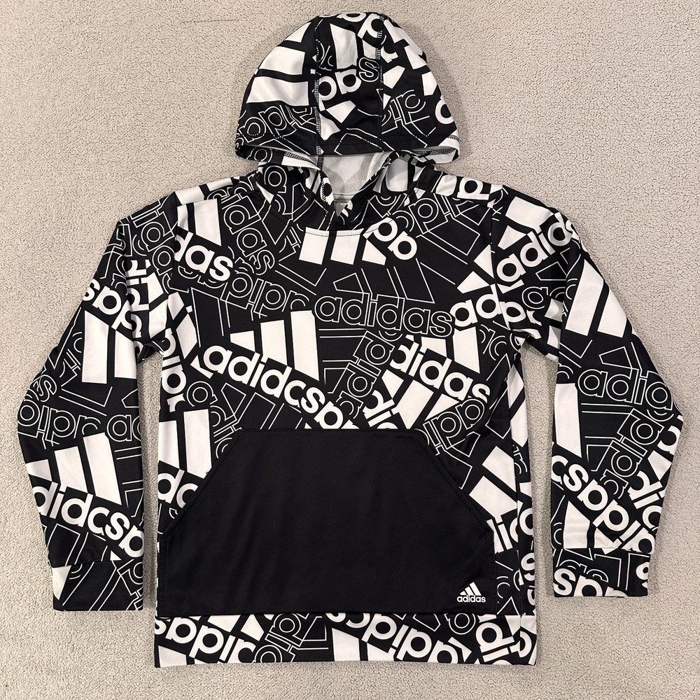 Adidas All-Over Logo Hoodie Long Sleeve Black White Youth Size Large 14/16